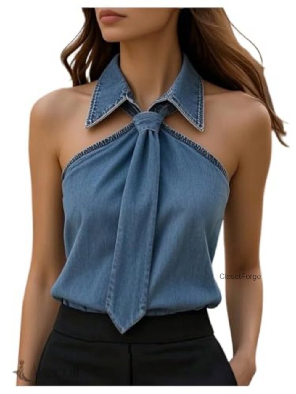 Tie Neck Halter Tank Top Collared Sleeveless Smocked Slim Fit Y2K Cami